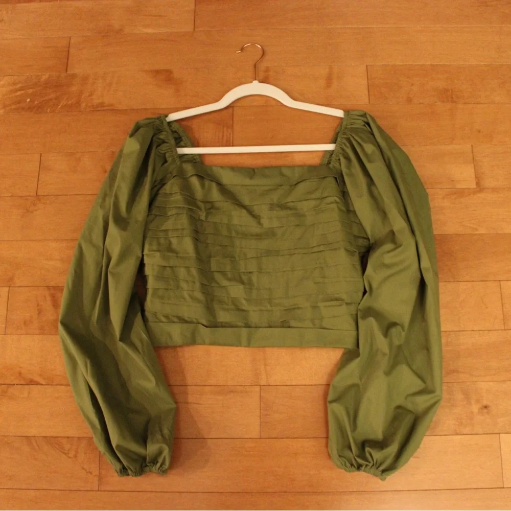 Abercrombie & Fitch Olive Green Long-Sleeve Ruched Bodice Puff Sleeve Top Size L